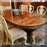 F22. Custom banded flame mahogany double pedestal dining table. 29”h x 84”w x50”d 